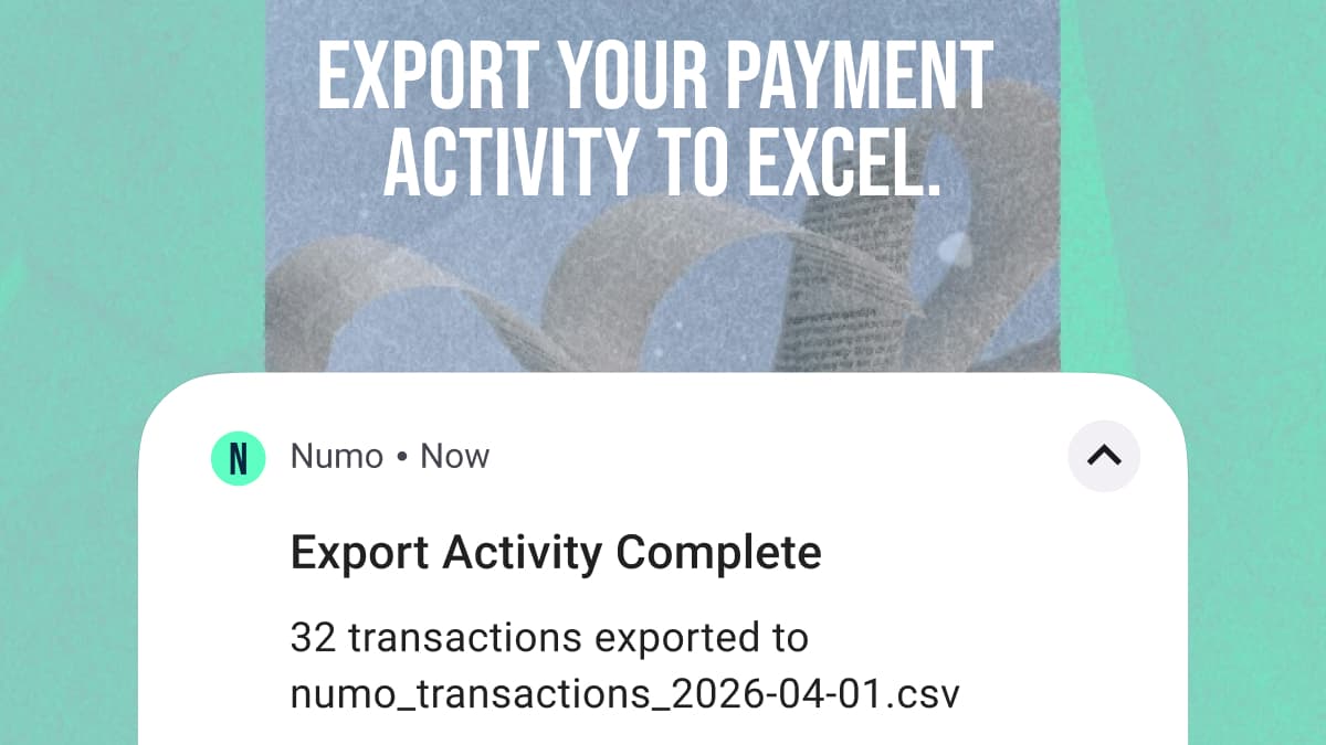 Export your payment activity to Excel — Numo notification showing 32 transactions exported