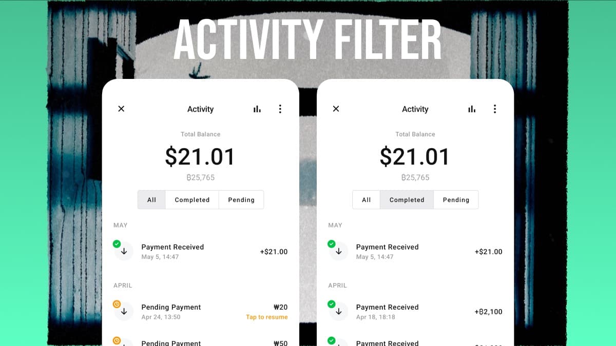 Numo v1.5 — activity filter with All, Completed, and Pending tabs