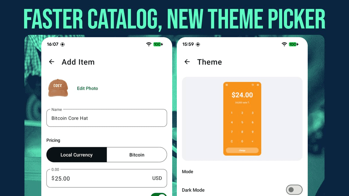 Numo v1.9 showing the faster catalog flow and new theme picker