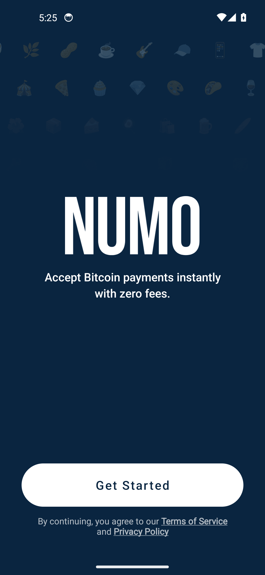 Numo welcome screen with the Get Started button
