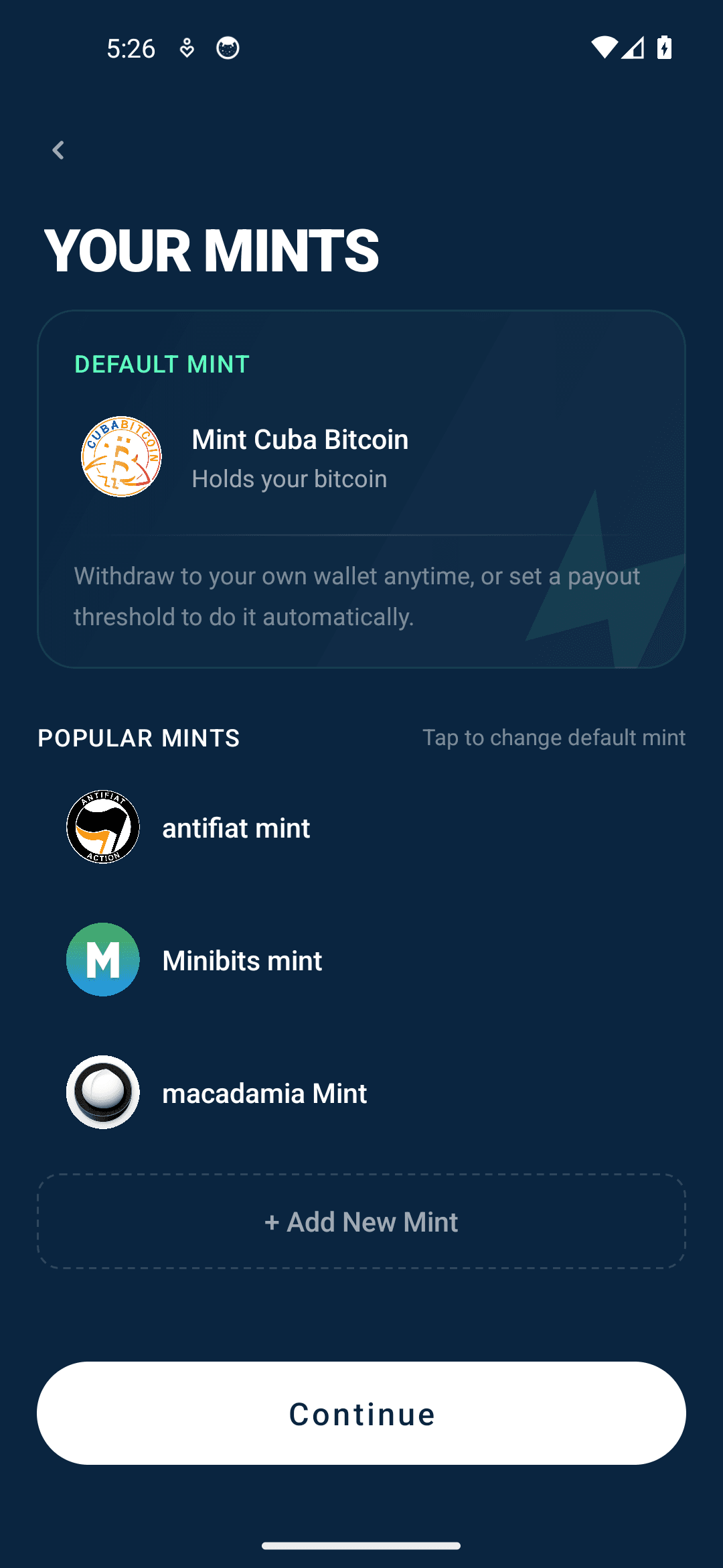 Numo Your Mints screen showing the default and popular mints