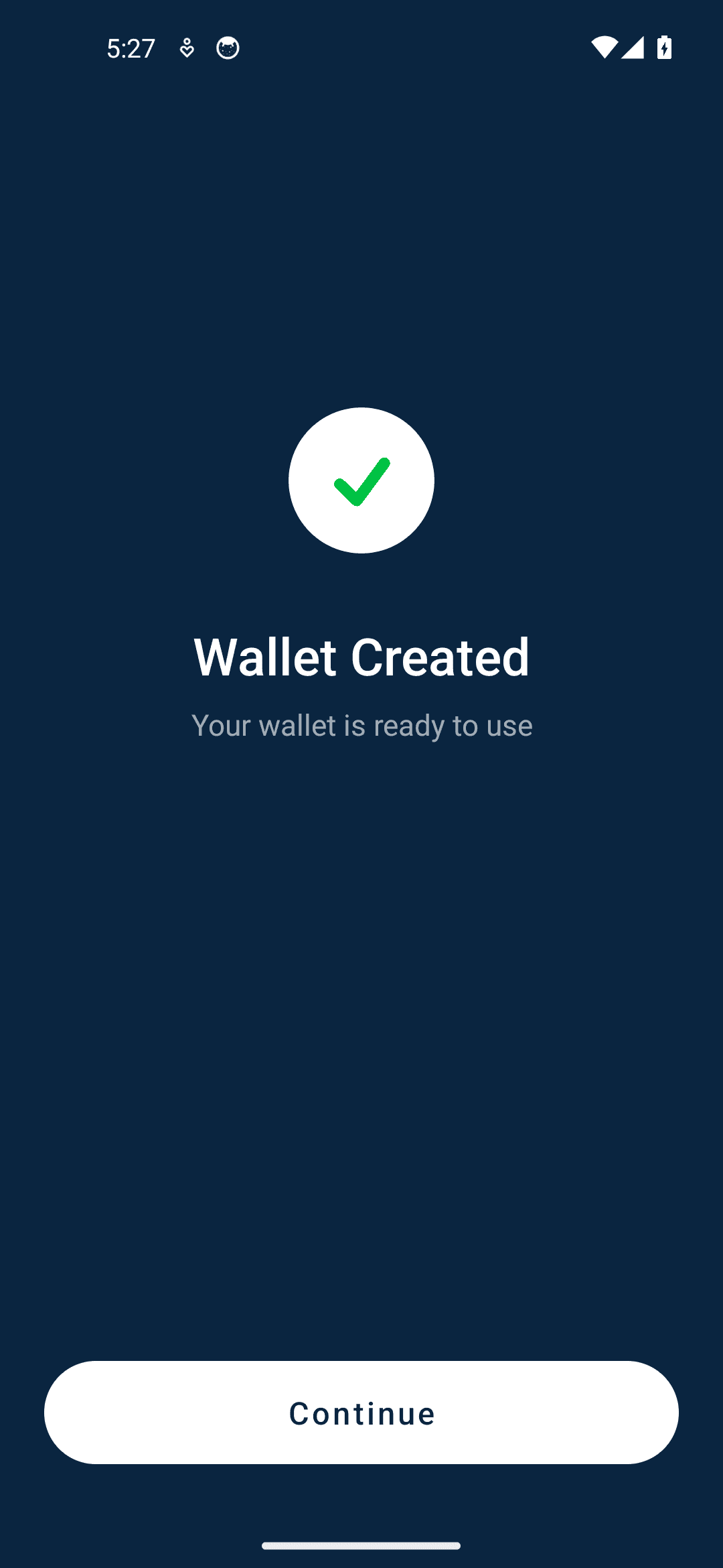 Numo Wallet Created confirmation screen