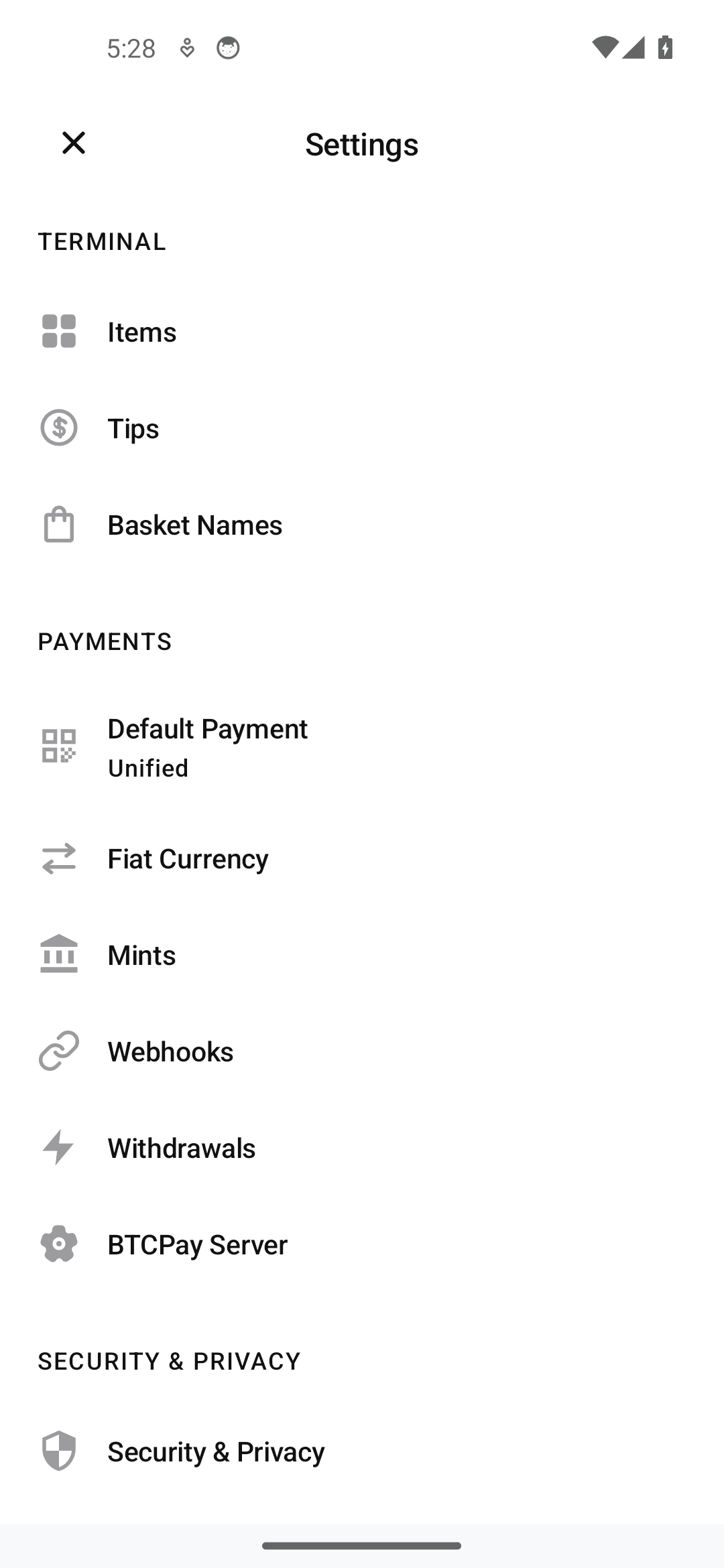 Numo Settings screen. Withdrawals sits under the Payments heading.