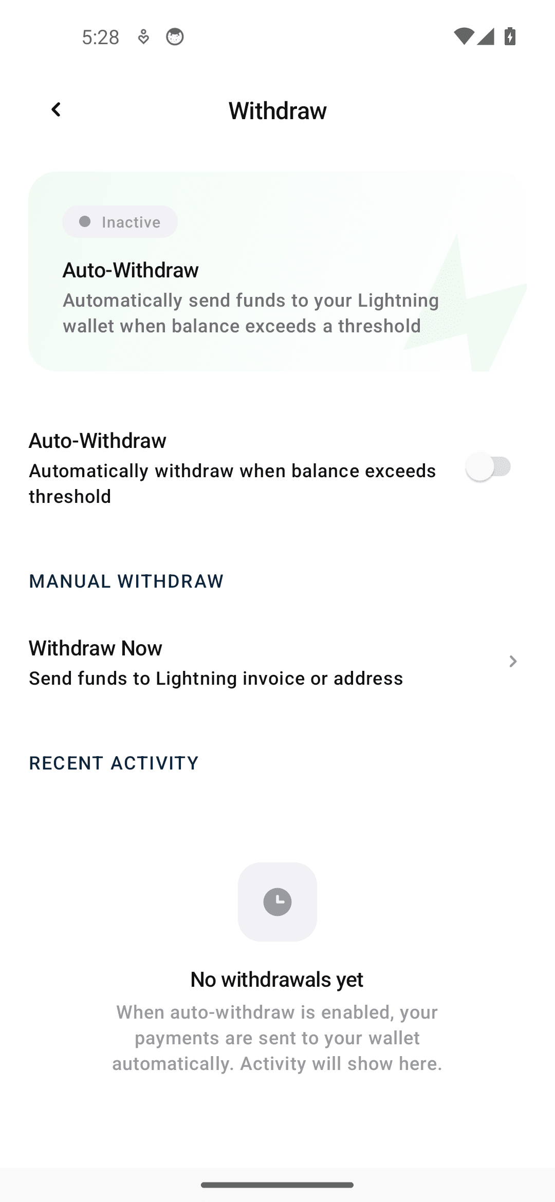 Numo Withdraw screen with the status reading Inactive and the Auto-Withdraw switch turned off.