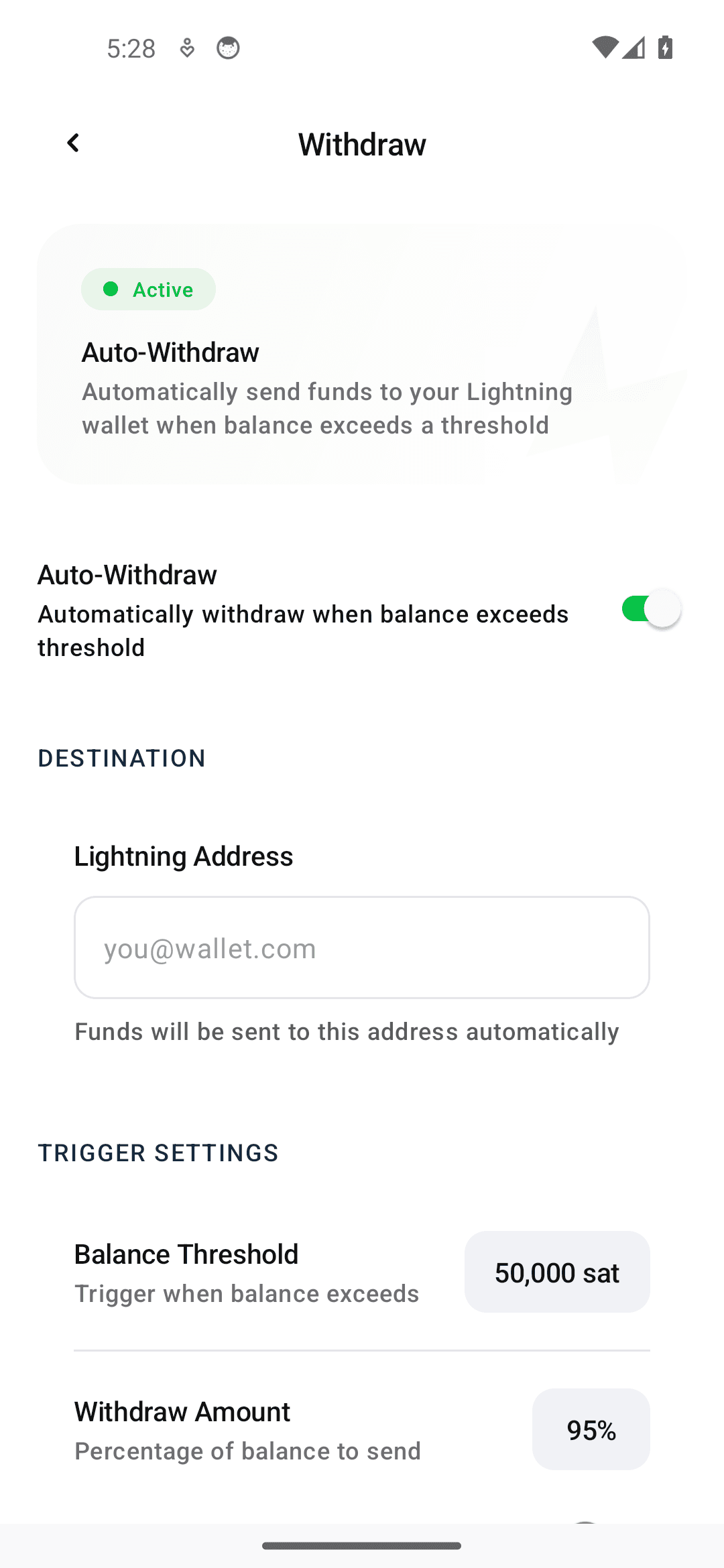 Numo Withdraw screen with Auto-Withdraw active, showing the Lightning Address field, a 50,000 sat Balance Threshold and a 95% Withdraw Amount.